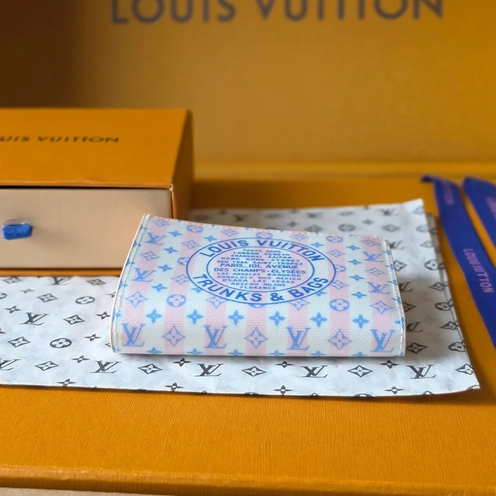Louis Vuitton Pink and Pastel Blue Monogram Zip Card Pouch with Gold LV Charm